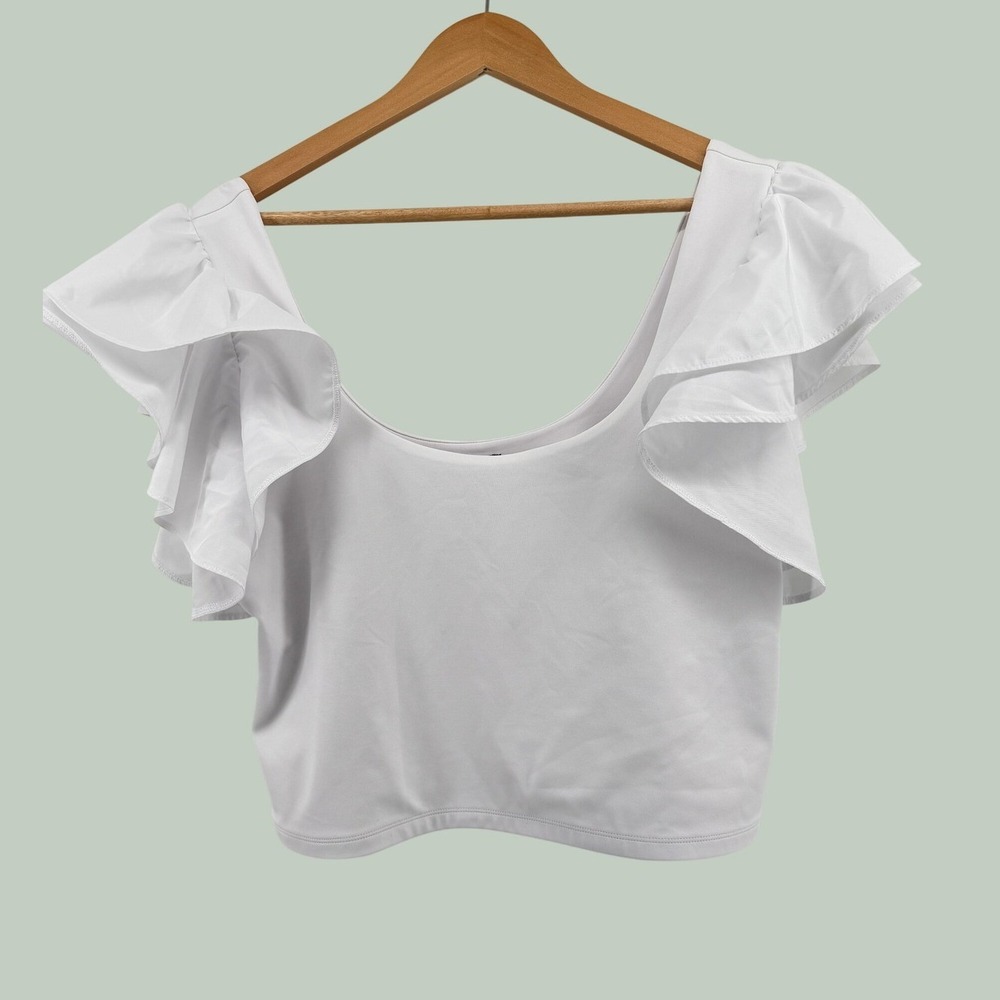 Express Body Contour White Ruffle Sleeve Crop Top XL Scoop Neck Stretch
